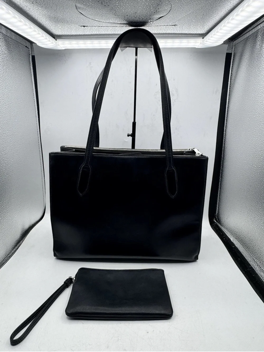 COACH Nina Leather Tote Bag Black With Wristlet Wallet CR096